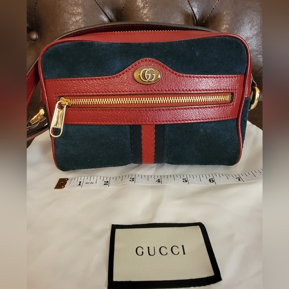 Gucci Ophidia Mini Crossbody Camera Bag in Blue Suede with Red Leather - Picture 1 of 11